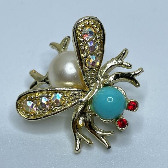 Vintage Bumblebee Mini Brooch Pin Aqua Cabochon Rhinestone 1" Estate Gold Tone - Picture 1 of 6